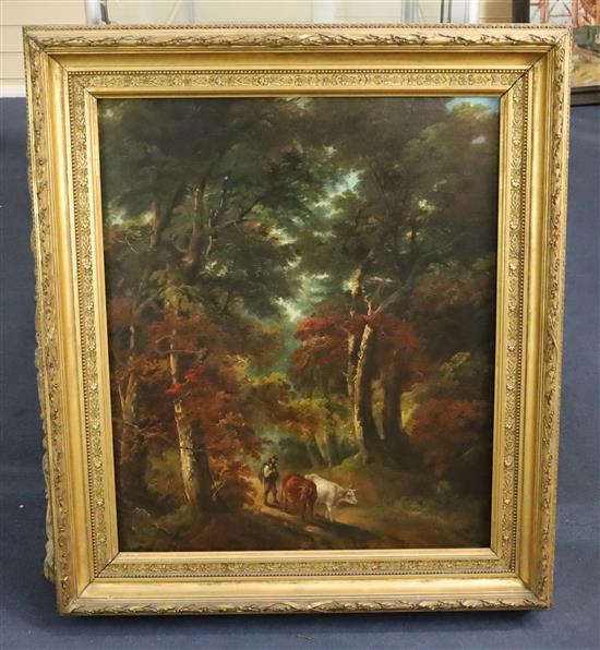 Attributed to John Joseph Barker of Bath (1826-1904) Cattle drover in woodland 28 x 24in.